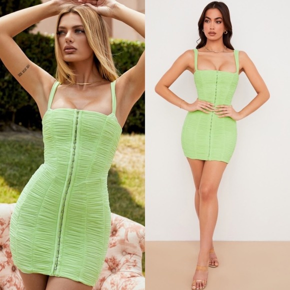 House of CB Cate Lime Rushed Mesh Mini Dress Size Small NEW - Picture 1 of 10